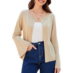 Grace Karin Women's 2XL (18) Beige Pointelle Knit Bell Sleeve Bohemian Cardigan